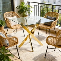 M&Ms - Dining Table With Cross Metal Leg And Tempered Glass,Modern Space Saving Kitchen Table For Living Room,Chrome Legs,Square Table,Golden Legs,90X90X75Cm