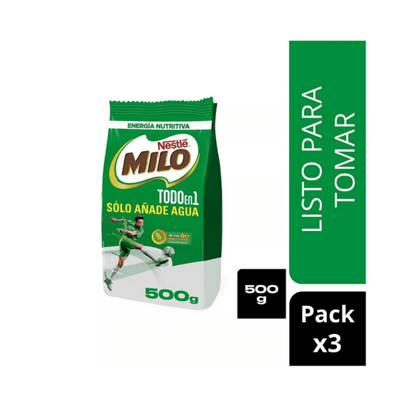 Pack x3 saborizante Milo® activ-go® con leche listo para tomar bolsa 500g