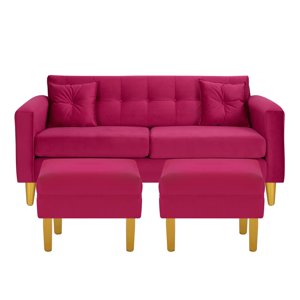 Bodevir - Sofa New Retro 3C + 2 Pouf Felpa 01 Burdeo