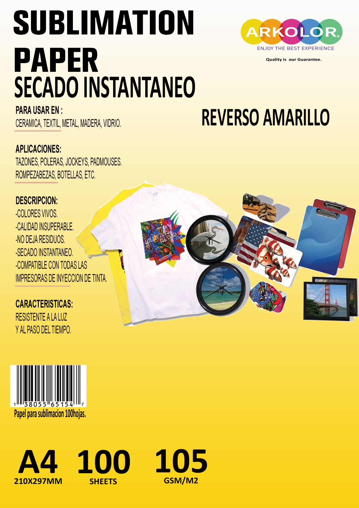 Arkolor - Papel Sublimación Kni 105 Grs A4 X 100 Hojas Reverso Amarillo