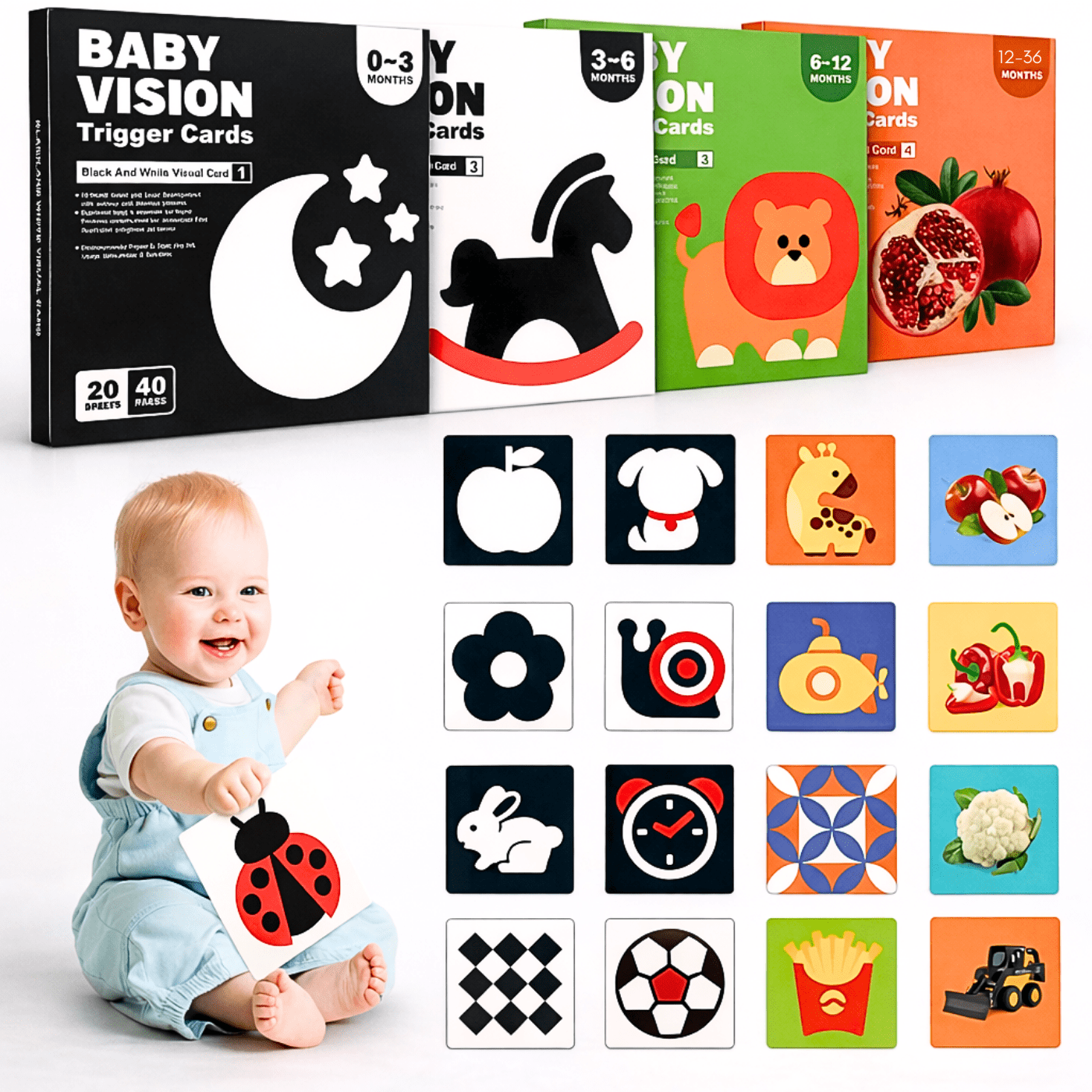 Mekalin - Tarjetas Estimulación Visual Bebes 0-36 Meses Niños 4 Cajas