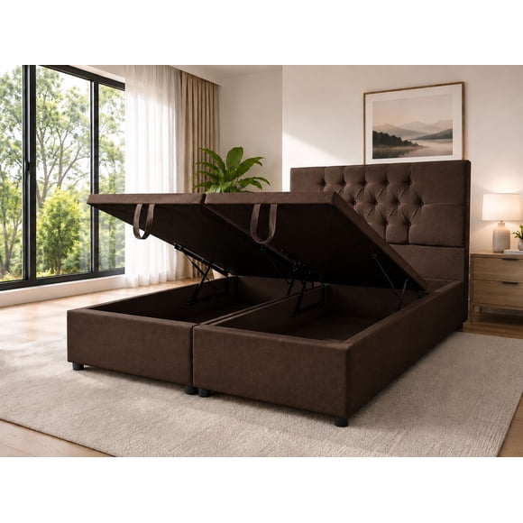 Cama Baul King Capitone Onyx Con Sistema Hidráulico Café