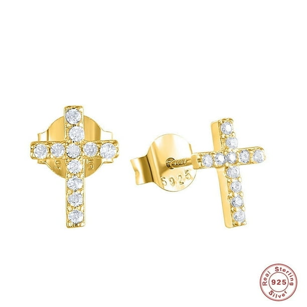 Aretes HESHPAWS S925 Sterling Silver Cross Diamantados Plata