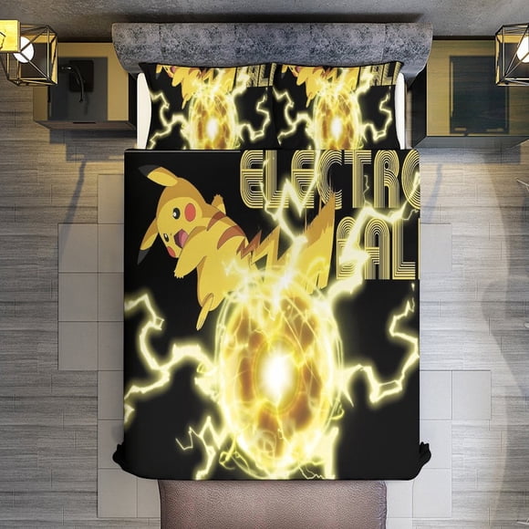 Comforter Set Queen Size Trends International Pokmon - Pikachu Set with 2 Pillowcases for All SeasonsBedding Set 3pcs for Kids Boys Girls Bedroom Decor Bed Sheets