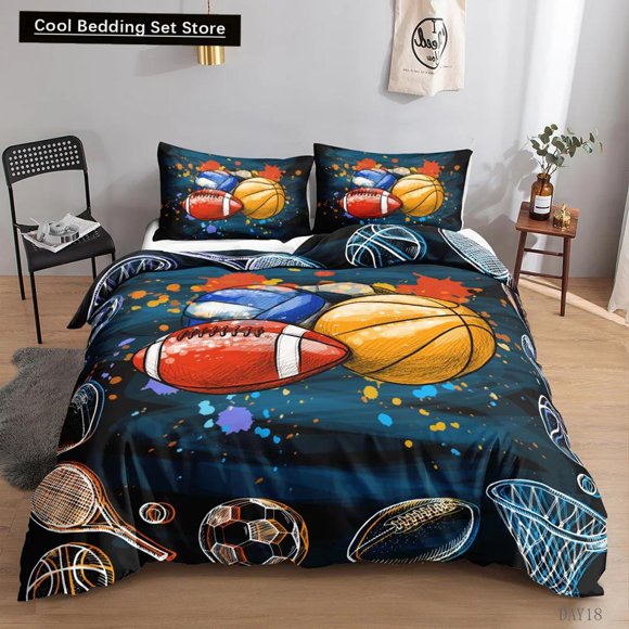 v2575 Bed Sheets Football Duvet Cover Set Sports Football Bedding Set Pillowcase for Boys Teens Double Queen King Size Polyester Qulit Cover 3-Piece Bedding Set (1 Duvet Cover + 2 Pillow Shams) Bed Sh