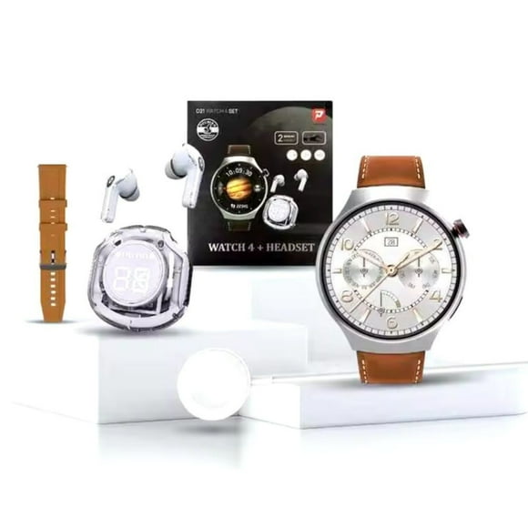 Reloj smartwatch unisex pack + audífonos + correa de cuero extra