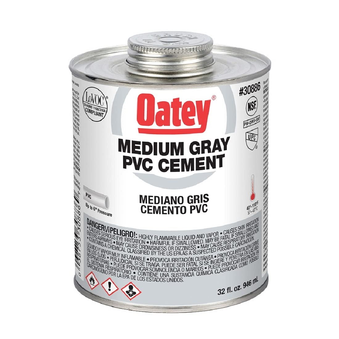 Pvc Cement Oatey, De Cuerpo Medio, Gris, Para Tubos De Pvc De 6 Pulgadas