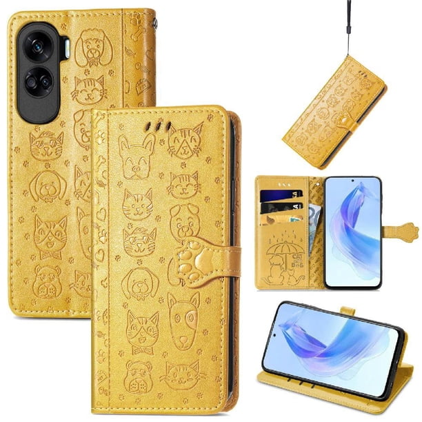 Funda Cartera FOXDOCK para Honor 90 Lite , Flip PU con Relieve de Gatos y Perros, Tarjetero y Soporte