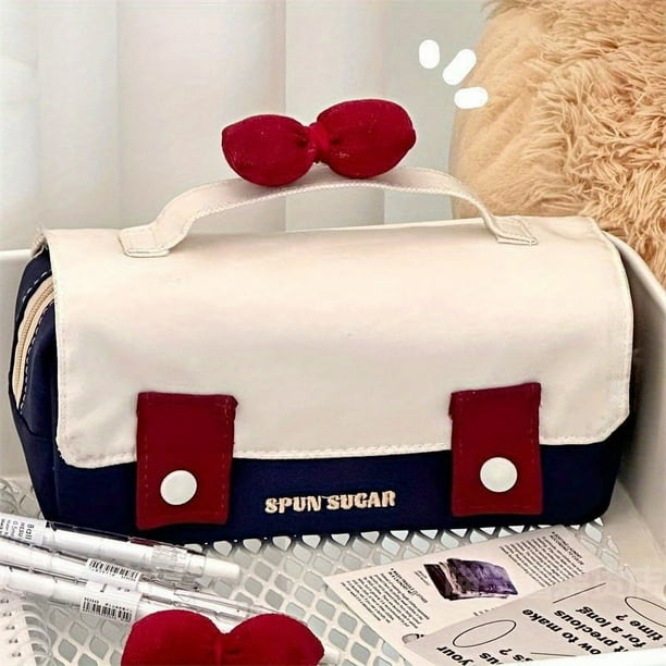 Cute Cartoon Bow Pencil Case for Junior High School Girls - Large Capacity Stationery Bag with Color Pencils and Erasers