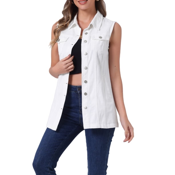 INSPIRE CHIC Chaleco de Mezclilla para Mujer sin Mangas con Botones de Largo Medio Casual Chaleco de Jean Blanco M