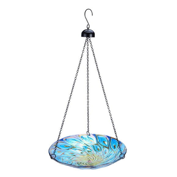 Baño para Pájaros Colgante de Vidrio MUMTOP 28 cm con Decoración de Pavo Real