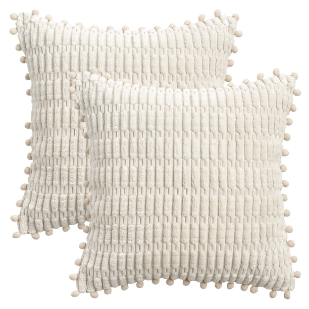 REGALWOVEN Fundas de Cojín de Pana Sólida Juego de 2 Textura de Cuadros Decorativos con Bordes de Pompones para Decoración del Hogar Beige 18" x 18"