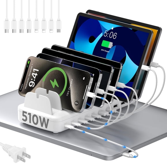 Cargador USB COTOP 510W 10 puertos USB‑C/A y 8 cables