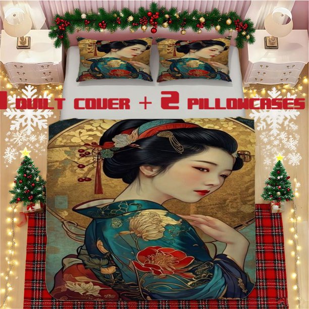 Japanese Geisha Print Soft Bedding Set Polyester Material with Decorative and Warming Features Ideal for Bedroom or Guest Room Use