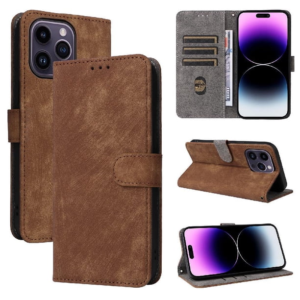 Funda Billetera para iPhone 15 Pro con Soporte - Cartera de Cuero con Ranuras Marrón