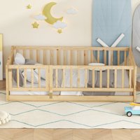 M&Ms - Twin Size Floor Bed With Slats, Montessori Floor Bed With Fence And Door, Kids Montessori Bed Twin Size, Wood Montessori Floor Bed For Kids, Girls, Boys,Oak.