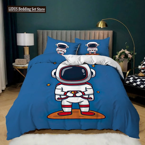 v898 Bed Sheets Astronaut Duvet Cover Set King Size Cartoon Astronaut Star Moon Pattern Bedding Set Microfiber Space Theme Full Twin Quilt Cover 3-Piece Bedding Set (1 Duvet Cover + 2 Pillow Shams) Be