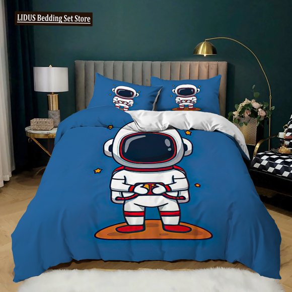 v898 Bed Sheets Astronaut Duvet Cover Set King Size Cartoon Astronaut Star Moon Pattern Bedding Set Microfiber Space Theme Full Twin Quilt Cover 3-Piece Bedding Set (1 Duvet Cover + 2 Pillow Shams) Be