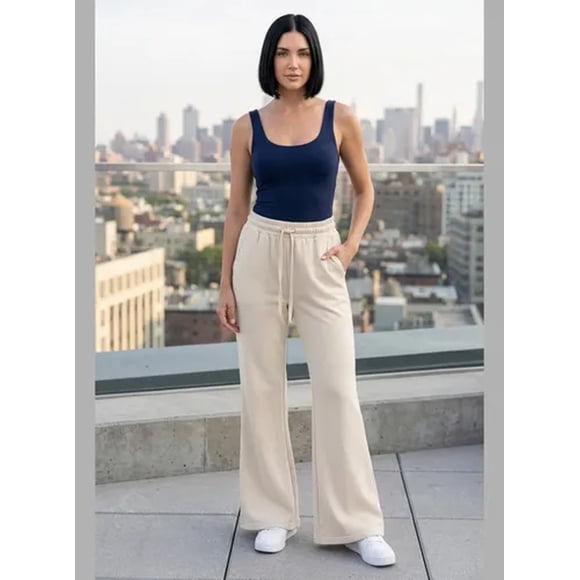Pantalón Mujer Flare Pierna Ancha Cintura Elasticada Beige