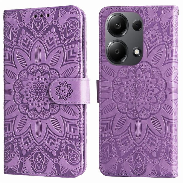 Funda tipo cartera FOXDOCK para Xiaomi Redmi Note 13 Pro 4G , diseño girasol en relieve, cuero PU, cierre magnético, soporte y tarjetero