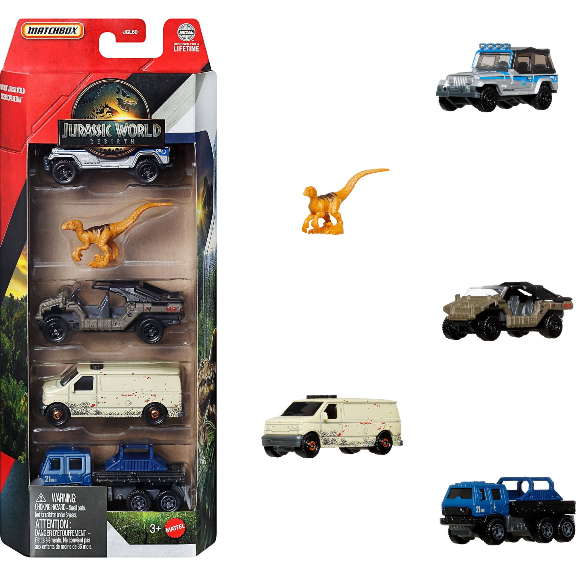 Mattel - Matchbox Jurassic World Pack De 5 Vehículos Y Dinosaurio De Metal