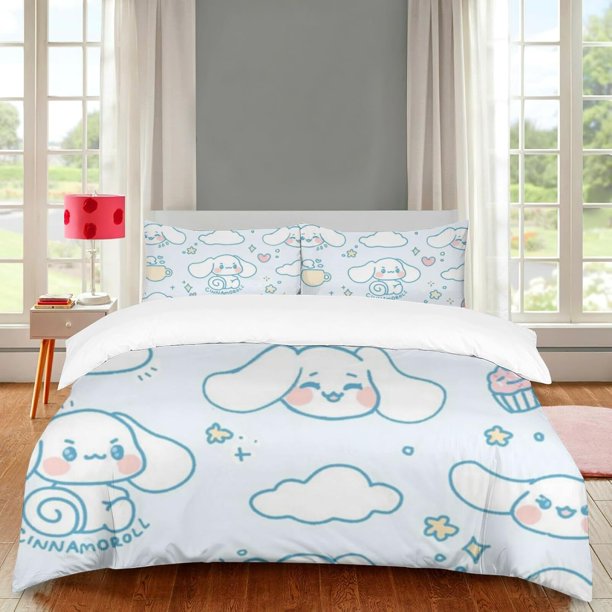 3pcs Cin-namoroll Duvet Cover Twin Bedding Set Cartoon Puppy Comforter Bedspread Quilt Cover 2 Pillow Shams Cinnamoroll Fans Gifts