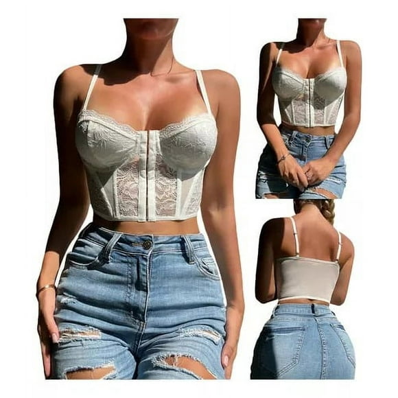 Crop Top De Encaje Con Tirantes Y Broches Delanteros - NEGRO