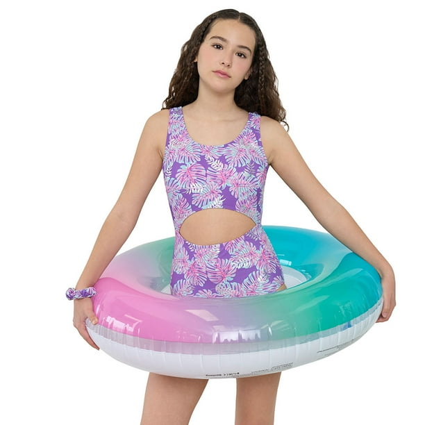Traje De Baño Niña Teen Cut Frontal + Accesorio Morado Corona