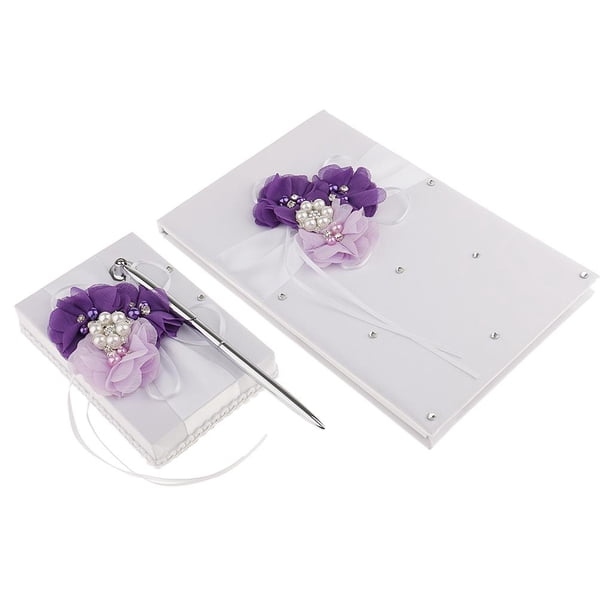 Juego De Libro De Firmas Y Libro De Invitados De Boda Con Flores De Satén Con Perlas De Cristal Púrpura
