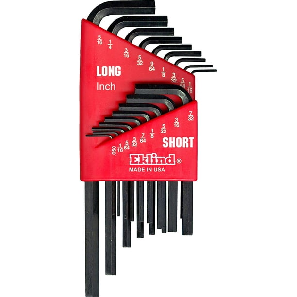 Llave Allen EKLIND 10018 hexagonal en L, juego de 18 piezas SAE en pulgadas, tamaños 0.50-5/16, corta y larga