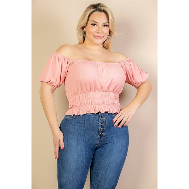 Top Liso De Punto Acanalado Con Mangas Abullonadas Fruncidas Casuales En Talla Grande
