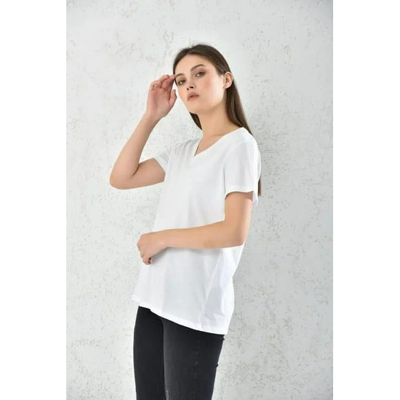 Polera Mujer Blanco Manga Corta Cuello V Talla S