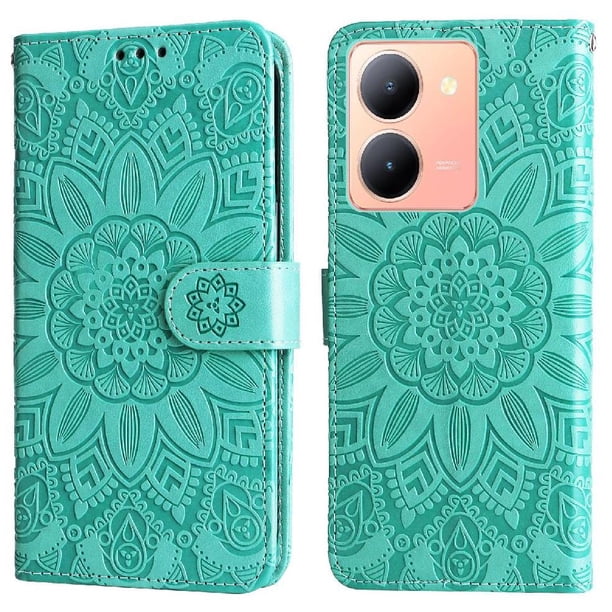 Funda tipo cartera FOXDOCK para Vivo Y78 5G , diseño girasol en relieve, cuero PU, cierre magnético, soporte y tarjetero