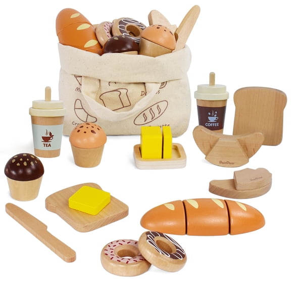 Juego de juguetes para panadería y comida, madera de pera con bolsa de compras, más de 3 años