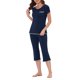 thumbnail image 4 of INSPIRE CHIC Conjunto de Pijama para Mujer de Mezcla de Rayón Suave con Manga Corta y Pantalones Capri con Cintura Elástica Ropa de Casa para Primavera Verano L Azul Marino, 4 of 6