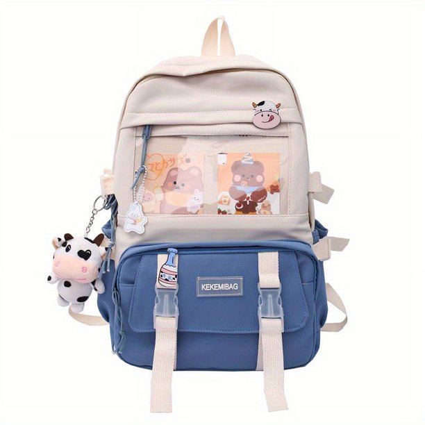 Get Ready for School with Our Kawaii Colorblock Backpack - Cute Cartoon Nylon Bookbag with Clear Front Pocket