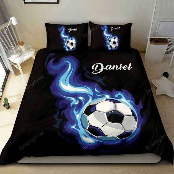 Custom Soccer Flying Ball With Your Name Quilt Duvet Cover Set Comforter Cover3-Piece Bedding Set