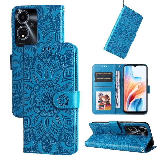 Funda tipo cartera FOXDOCK para OPPO A59 5G , diseño girasol en relieve, cuero PU, cierre magnético, soporte y tarjetero