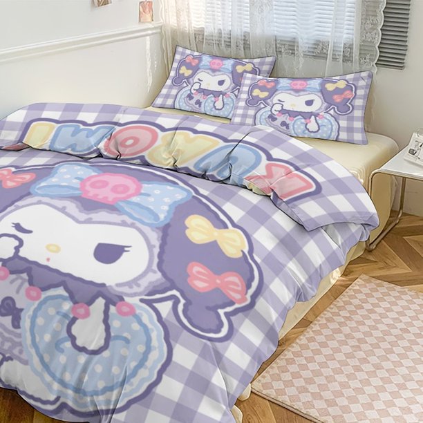 Kuromi Cute Cartoon Character Duvet Cover Set Bedding Set 1 Duvet Cover And 2 Pillowcases 3D Cartoon Printed Comfortable And Ultra Soft Bed Set Room Decor for Bedroom Twin