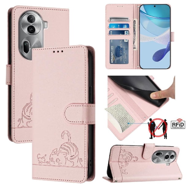 Funda tipo cartera FOXDOCK para OPPO Reno 11 Pro 5G con soporte, ranuras, RFID, diseño de gato