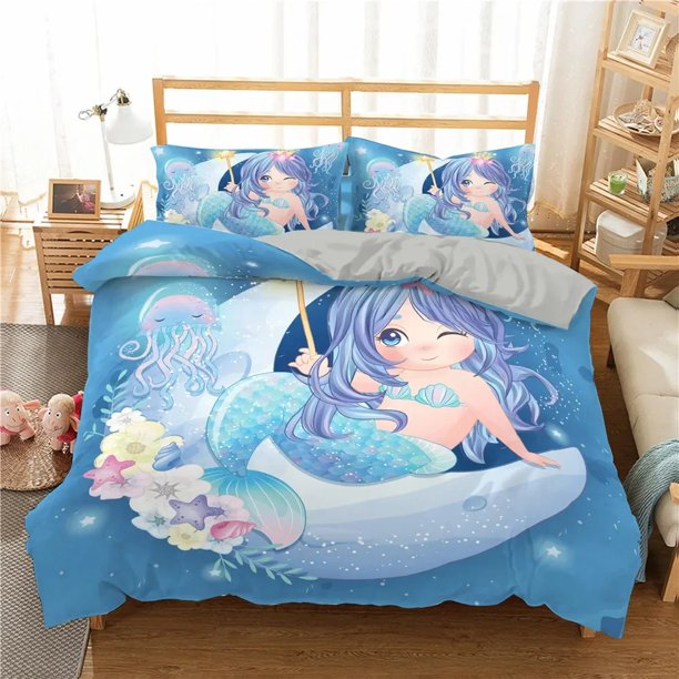 x2235 Bed SheetsDuvet Cover Cute Cartoon Fairy Tale Sea Creature Bedding Set Fish Scale Girly /Polyester Quilt Cover 3-Piece Bedding Set (1 Duvet Cover + 2 Pillow Shams) nj2235