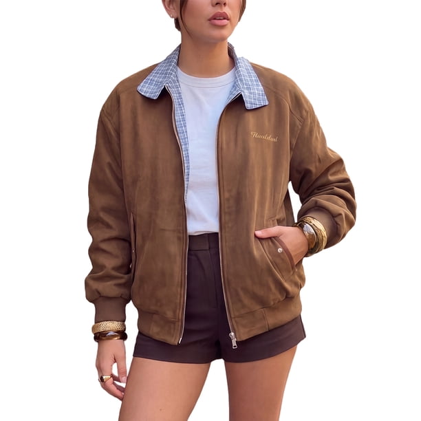 INSPIRE CHIC Chaqueta Bomber de Mujer con Cuadros de Imitación de Ante, Color de Contraste, Cremallera, Puños Elásticos, Talla X Grande Marrón