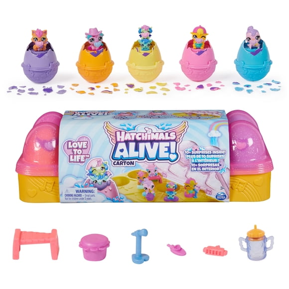 Cartón de huevos rosa y amarillo de Toy Hatchimals Alive con 6 figuras