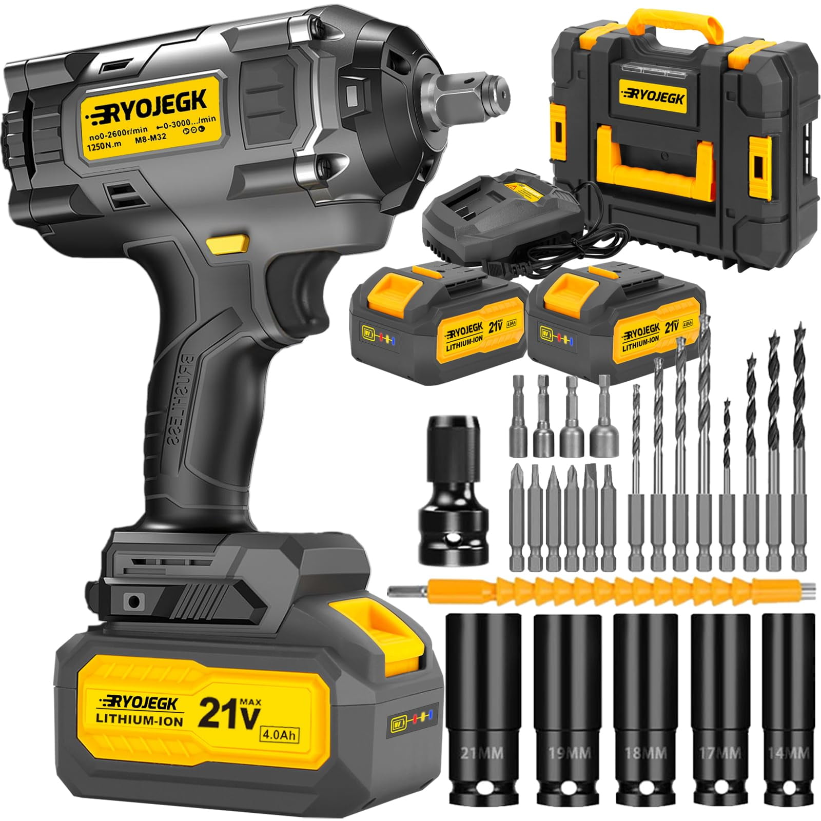 Llave De Impacto Inalámbrica Ryojegk 1250 N.m Con 2 Baterías De 4 Ah