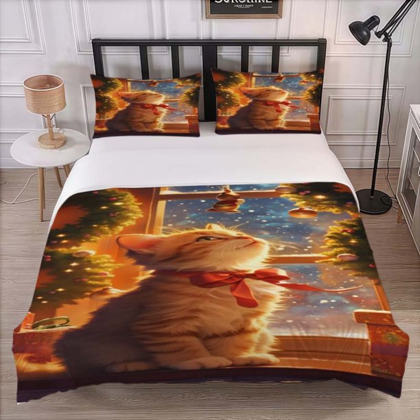 Christmas Kitten Bow Themed Bedding Three-Piece Set Duvet Cover Pillowcase Set