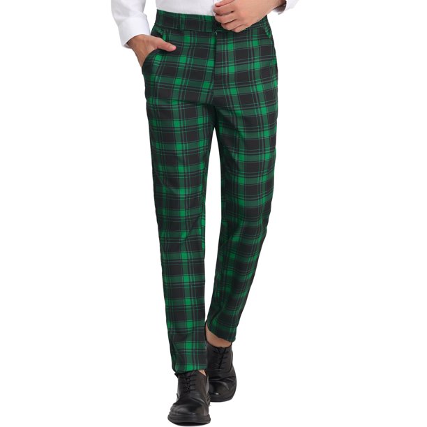 INSPIRE CHIC Pantalones para Hombre Cuadros Cintura Elástica Estiramiento Frente Plano Pantalones de Vestir 34 Verde