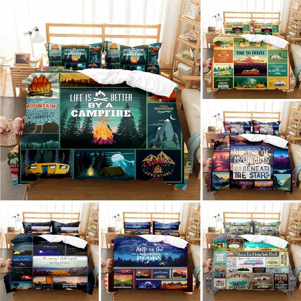 Natural Landscape Duvet Cover Campfire Camping Bedding Set Teen Adults Night Sky Forest Scenery Polyester Quilt Cover