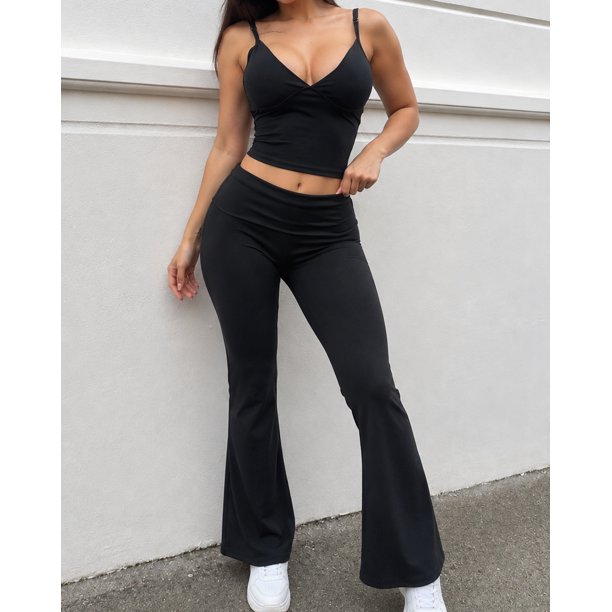 Set Deportivo Mujer Crop Top Escote V Y Calza Acampanada Foldover