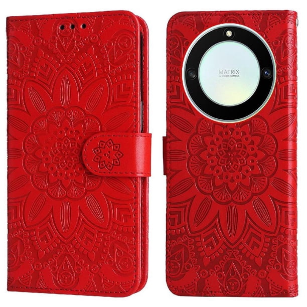 Funda tipo cartera FOXDOCK para Honor Magic 5 Lite , diseño girasol en relieve, cuero PU, cierre magnético, soporte y tarjetero