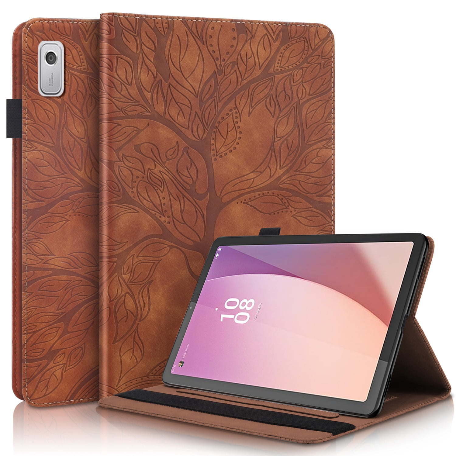 Foxdock - Funda Con Relieve Del Árbol De La Vida Para Tablet Lenovo Tab M9 Con Soporte, Ranuras Para Tarjetas Y Soporte Para Lápiz Óptico. Marrón